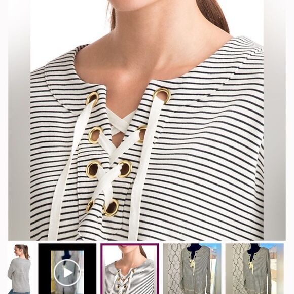 Vineyard Vines Black & White Striped Bateau Lace Up Pullover Sweater Sz XL - Picture 3 of 10